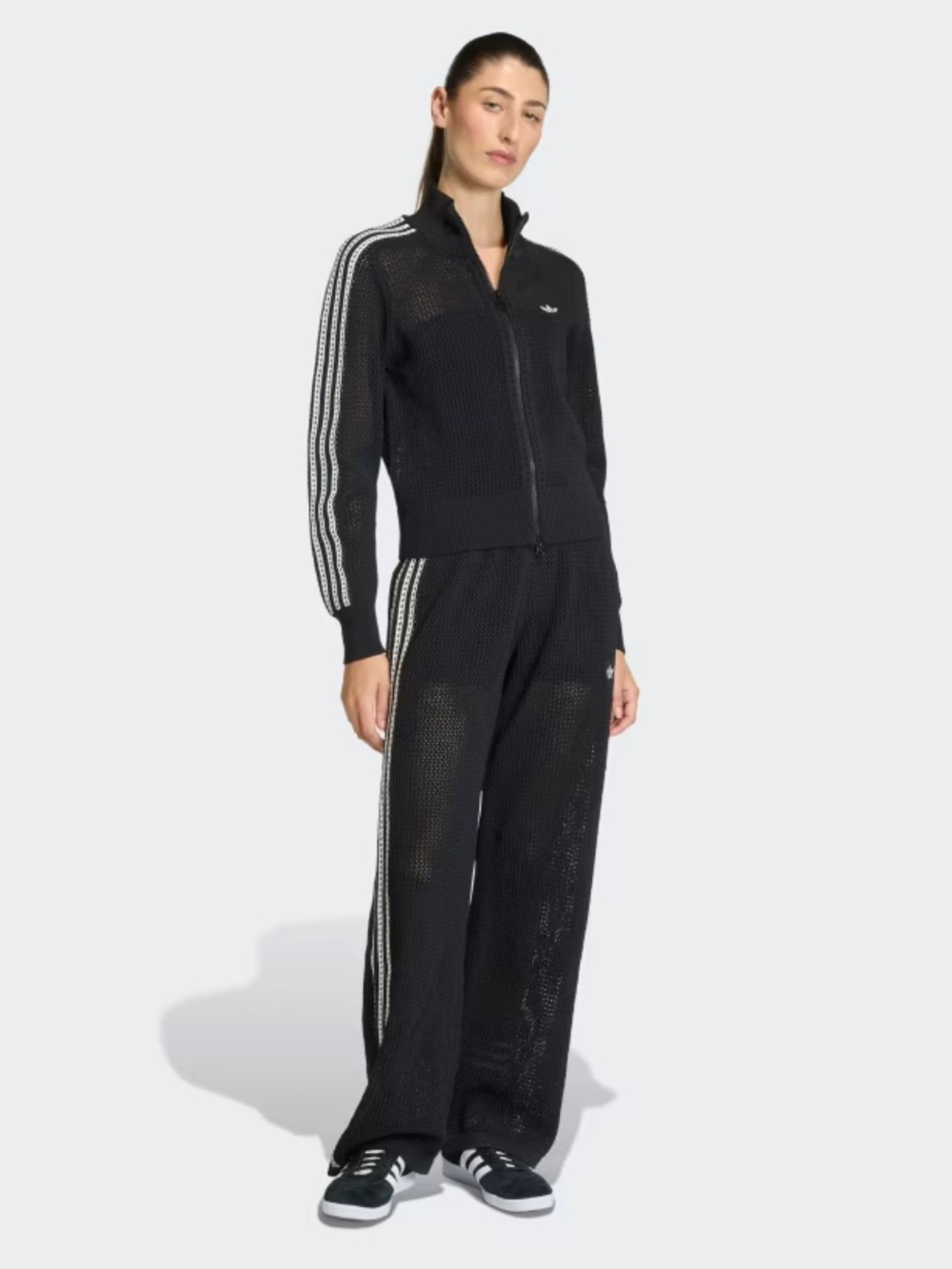 NEW! adidas Black Wide-Leg Crochet Track suit with White Side Stripes
